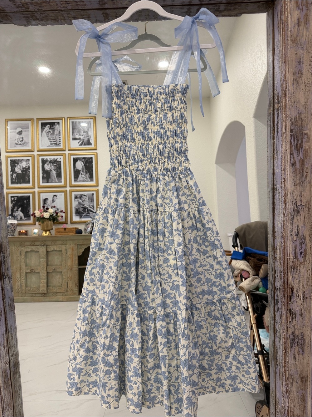 NWOT En Saison Blue and White Floral Smocked Midi Dress with Ribbon Tie Straps